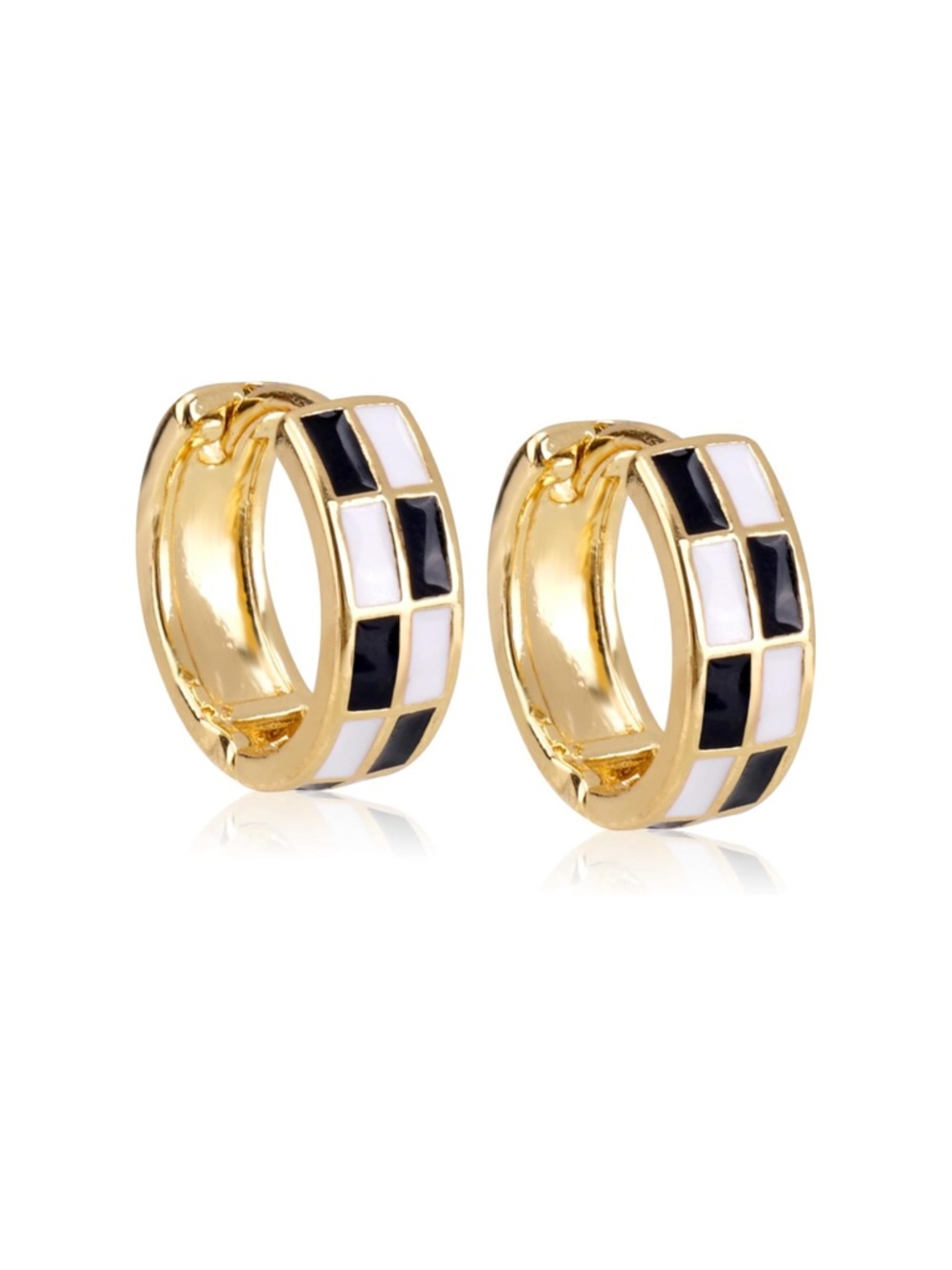 Gold Huggie Hoop Earrings with Black & White Inlay - Women Jewelry